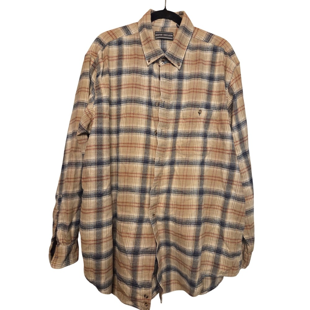 David Taylor Plaid Button Down Mens 2XL Tall Tan Blue Red Cotton Flannel Shirt